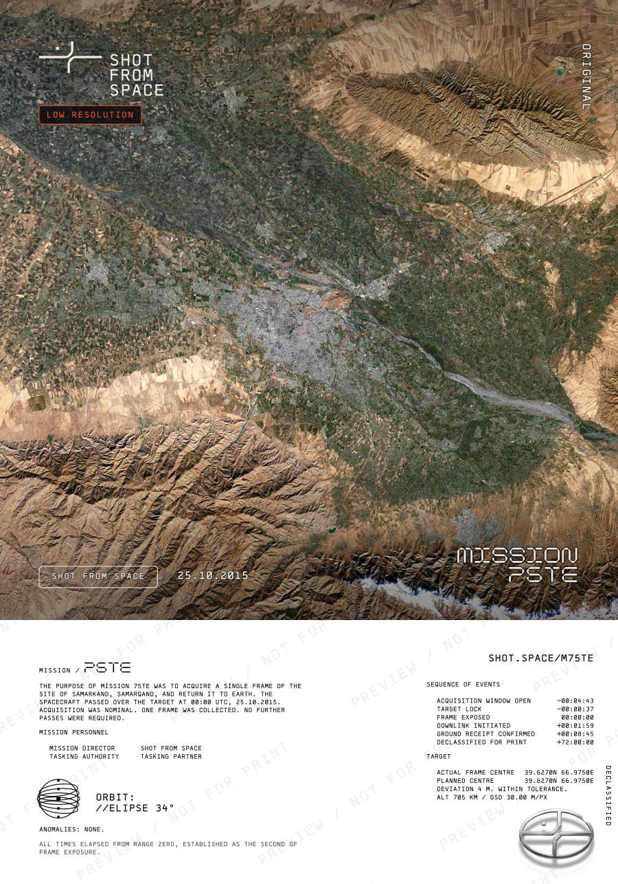The composed plate for mission 75TE: the capture above, the mission sheet below.